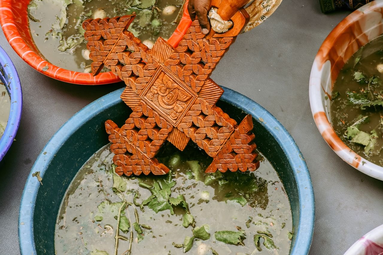 Handcrafted Ethiopian Orthodox cross in a traditional religious ceremony in Addis Ababa, Ethiopia.